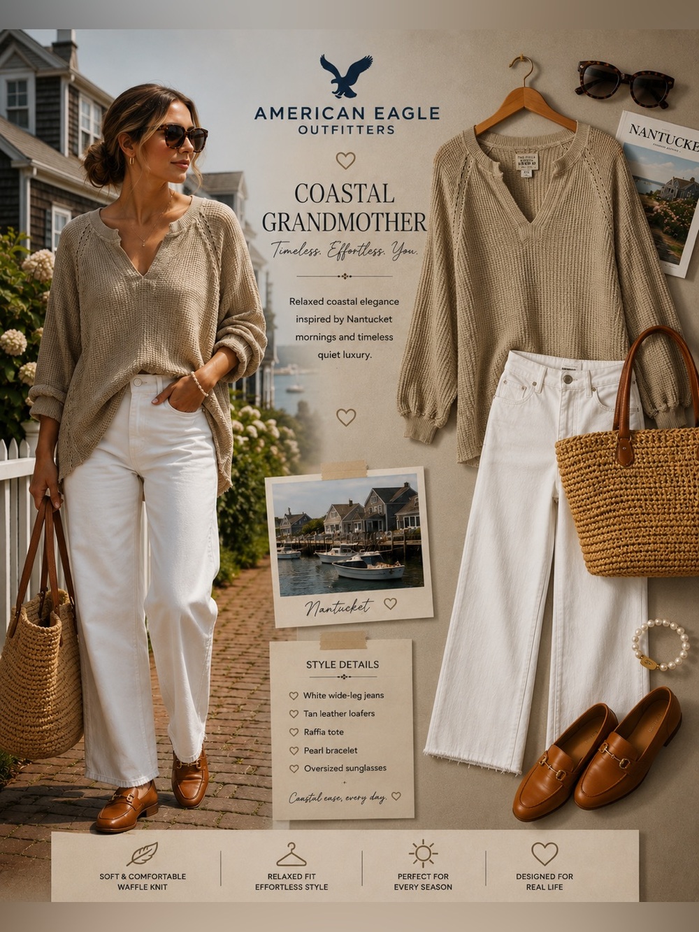 American Eagle Seriously Lived In Waffle Knit Pullover Top Beige Medium Boho C2 - Picture 2 of 12